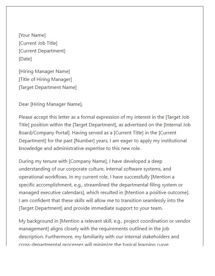 Professional Administrative Assistant Internal Transfer Cover Letter Template