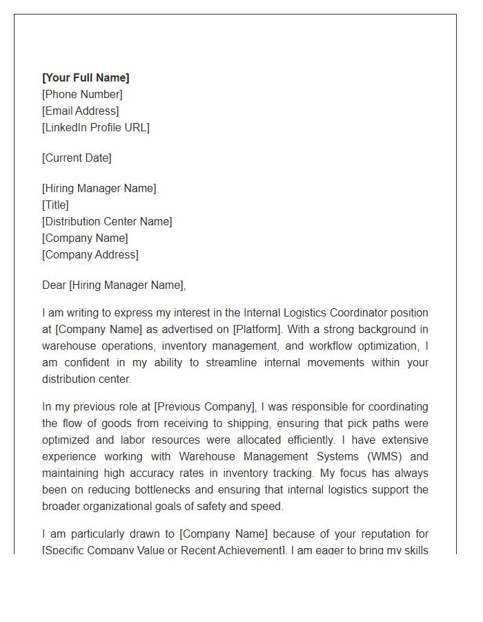 Distribution Center Internal Logistics Coordinator Cover Letter Template