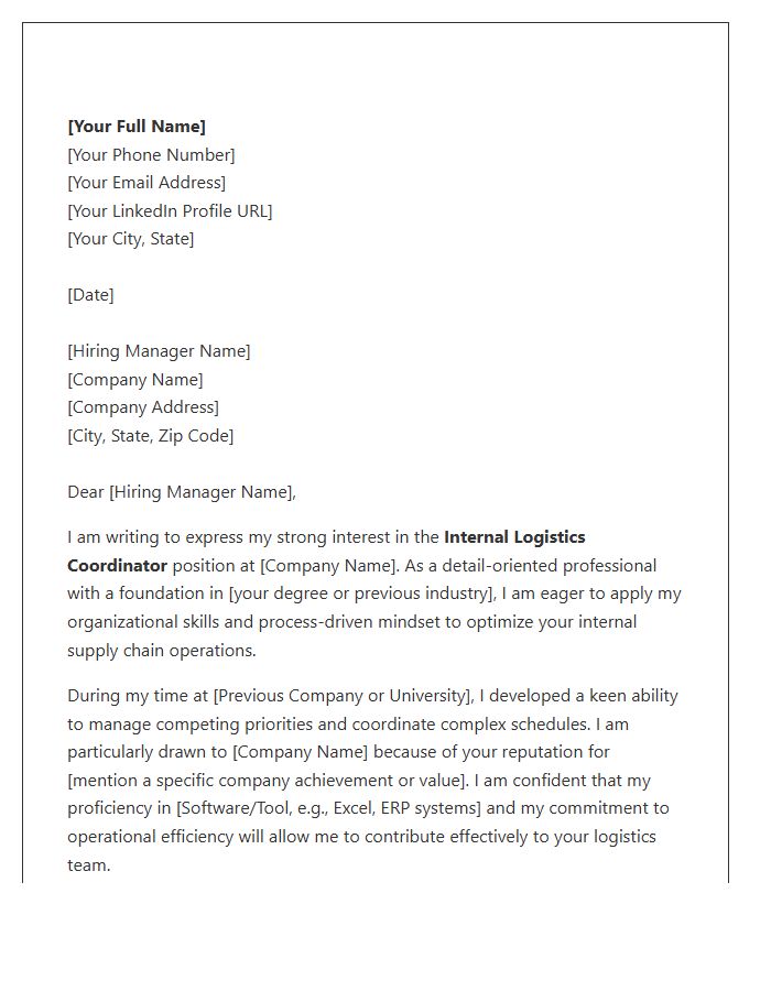Entry Level Internal Logistics Coordinator Cover Letter Template