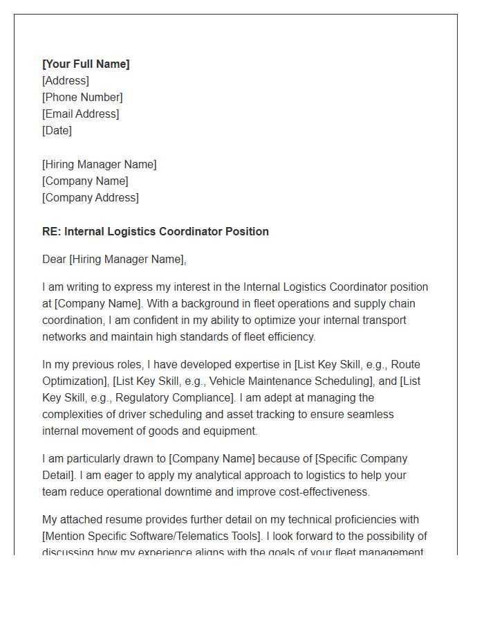 Fleet Management Internal Logistics Coordinator Cover Letter Template