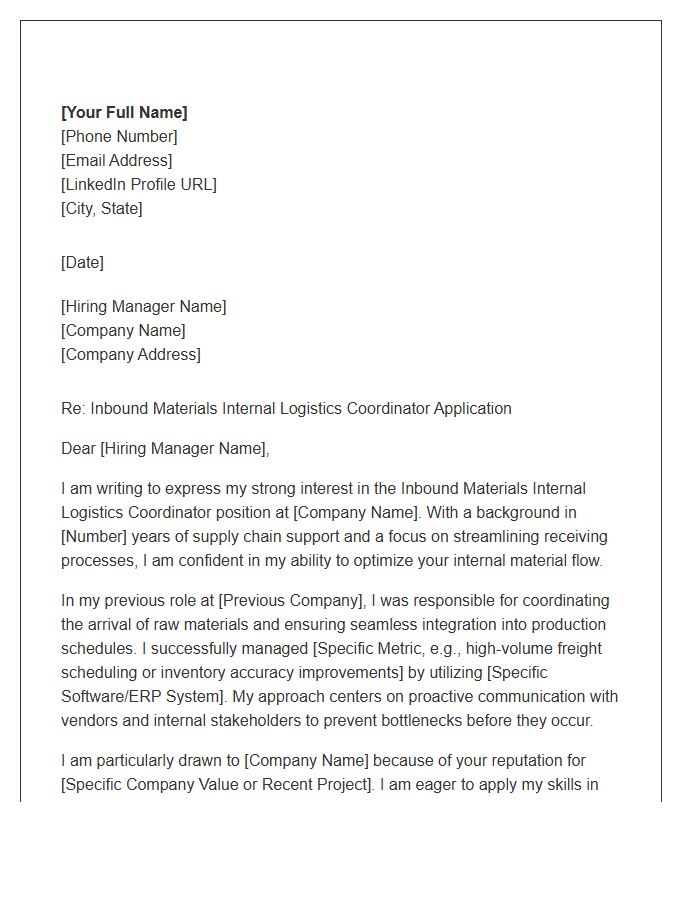 Inbound Materials Internal Logistics Coordinator Cover Letter Template