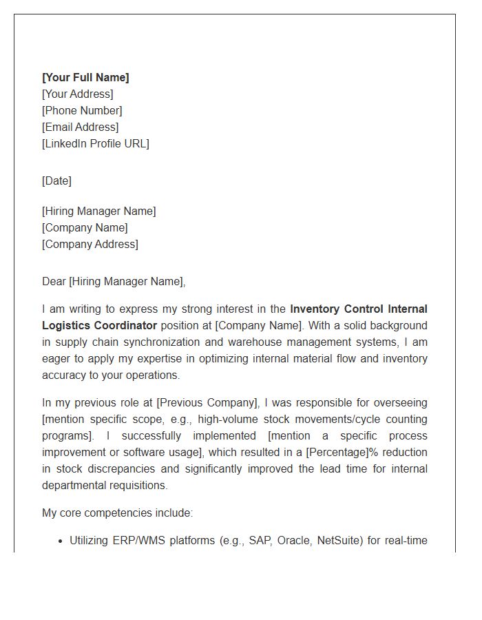 Inventory Control Internal Logistics Coordinator Cover Letter Template