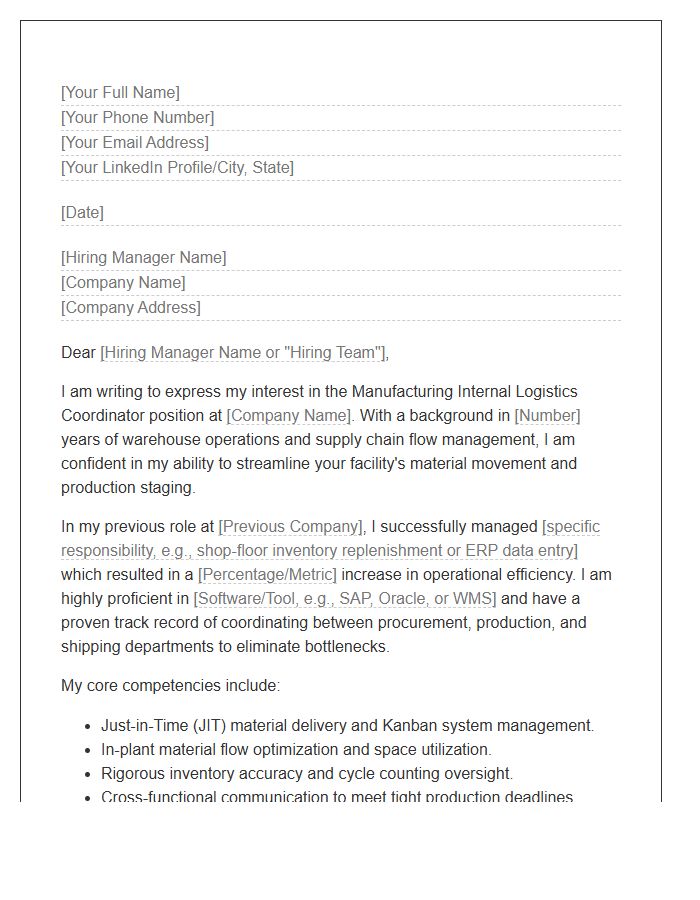Manufacturing Internal Logistics Coordinator Cover Letter Template