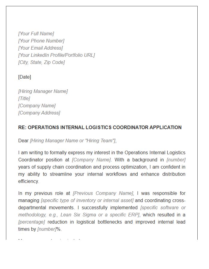 Operations Internal Logistics Coordinator Cover Letter Template
