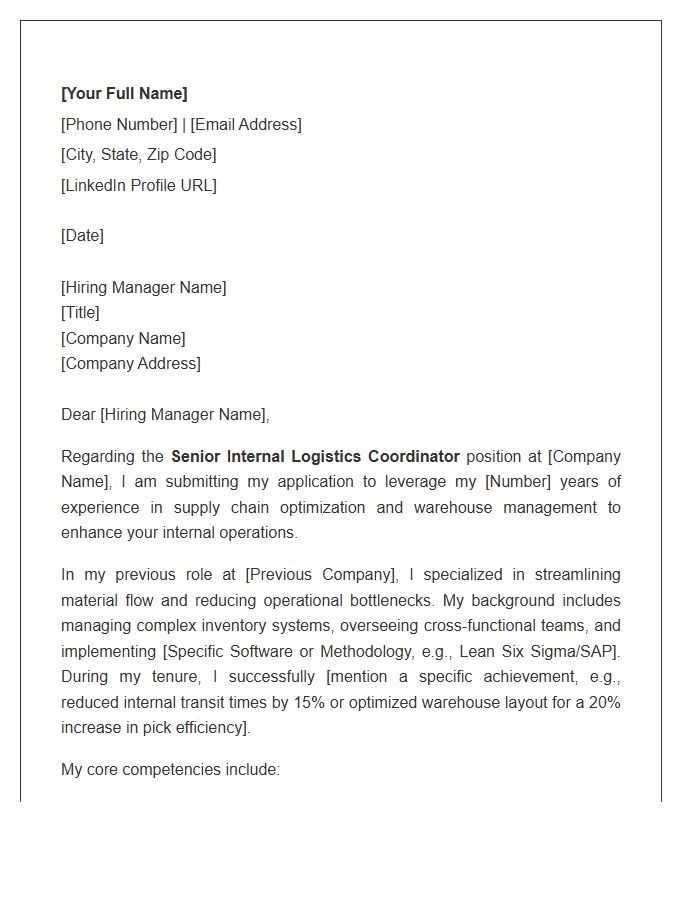 Senior Internal Logistics Coordinator Cover Letter Template