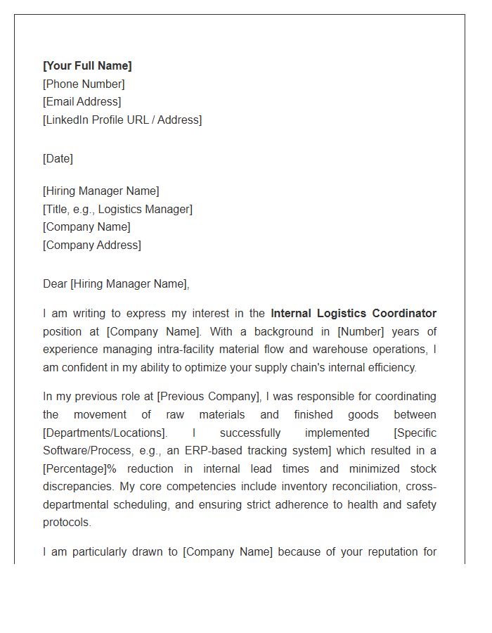 Supply Chain Internal Logistics Coordinator Cover Letter Template