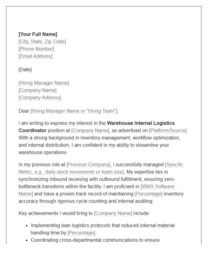 Warehouse Internal Logistics Coordinator Cover Letter Template
