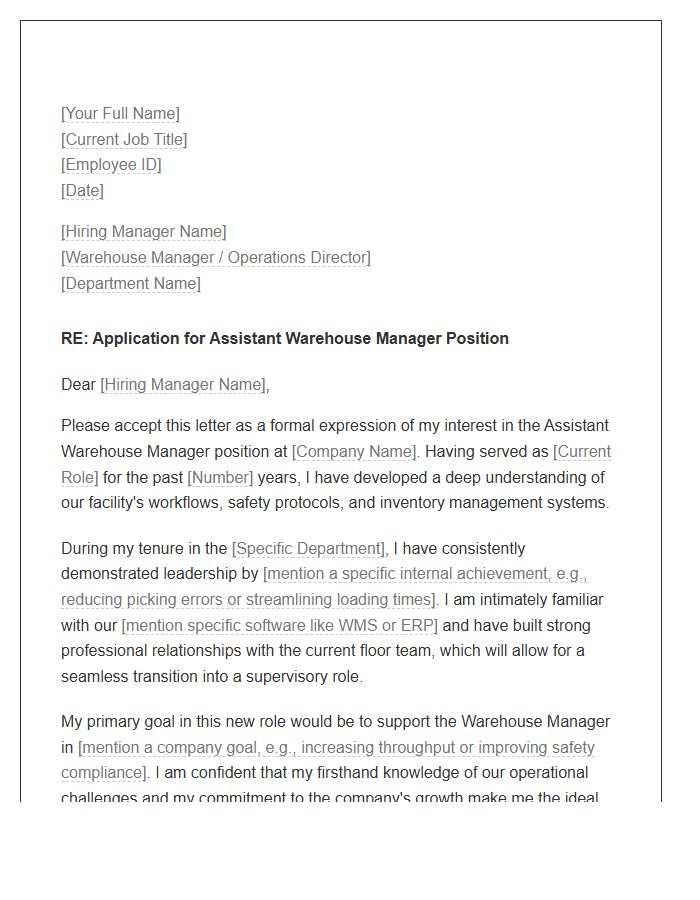Assistant Warehouse Manager Internal Promotion Cover Letter Template