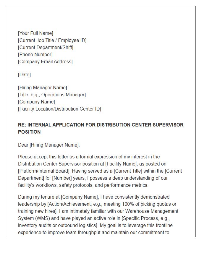 Distribution Center Supervisor Internal Cover Letter Template