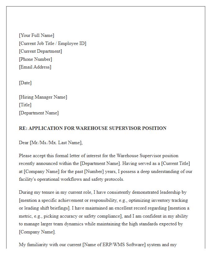 Formal Warehouse Supervisor Internal Application Cover Letter Template
