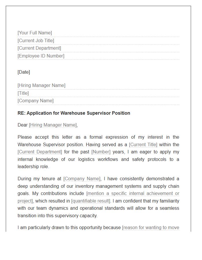 Internal Candidate Warehouse Supervisor Cover Letter Template