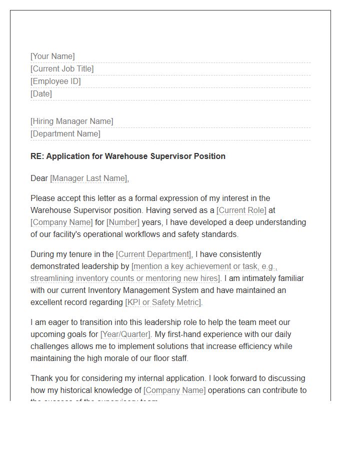 Internal Promotion Warehouse Supervisor Cover Letter Template