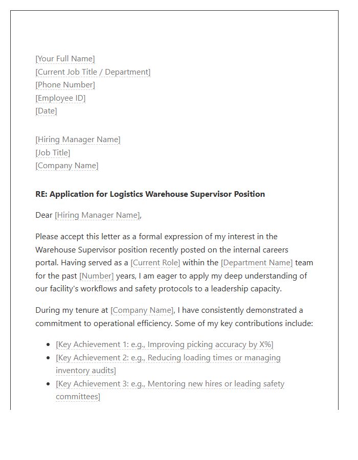 Logistics Warehouse Supervisor Internal Promotion Cover Letter Template