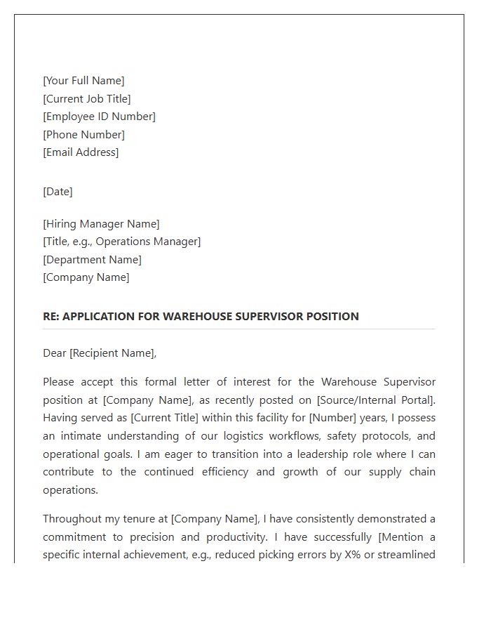 Professional Warehouse Supervisor Promotion Cover Letter Template