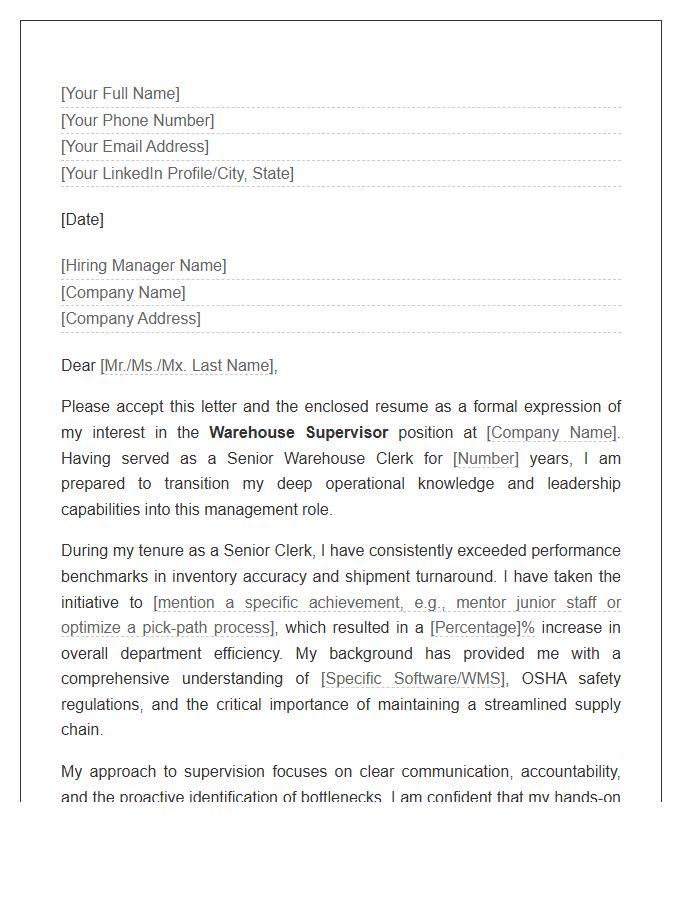 Senior Warehouse Clerk To Supervisor Cover Letter Template