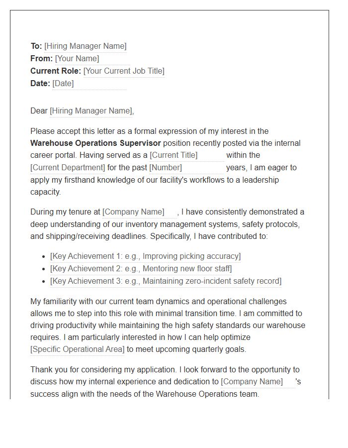 Warehouse Operations Supervisor Internal Cover Letter Template