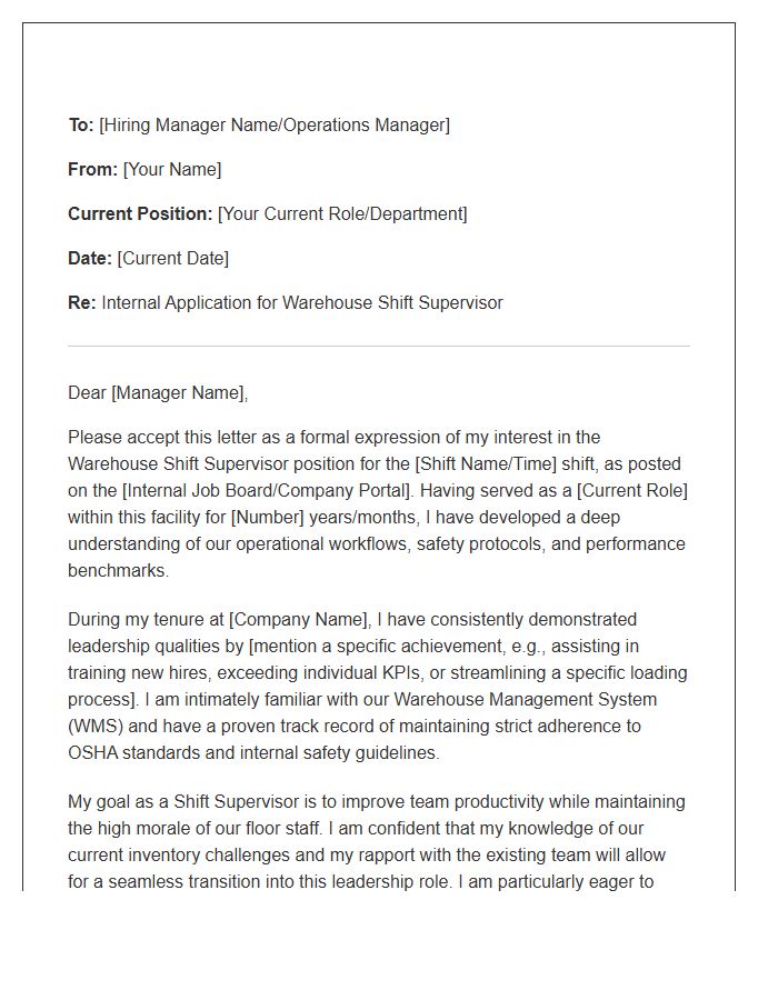 Warehouse Shift Supervisor Internal Cover Letter Template