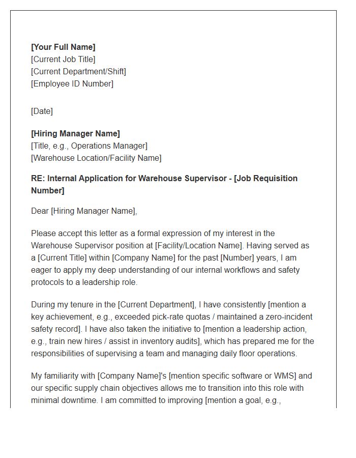 Warehouse Supervisor Internal Transfer Cover Letter Template