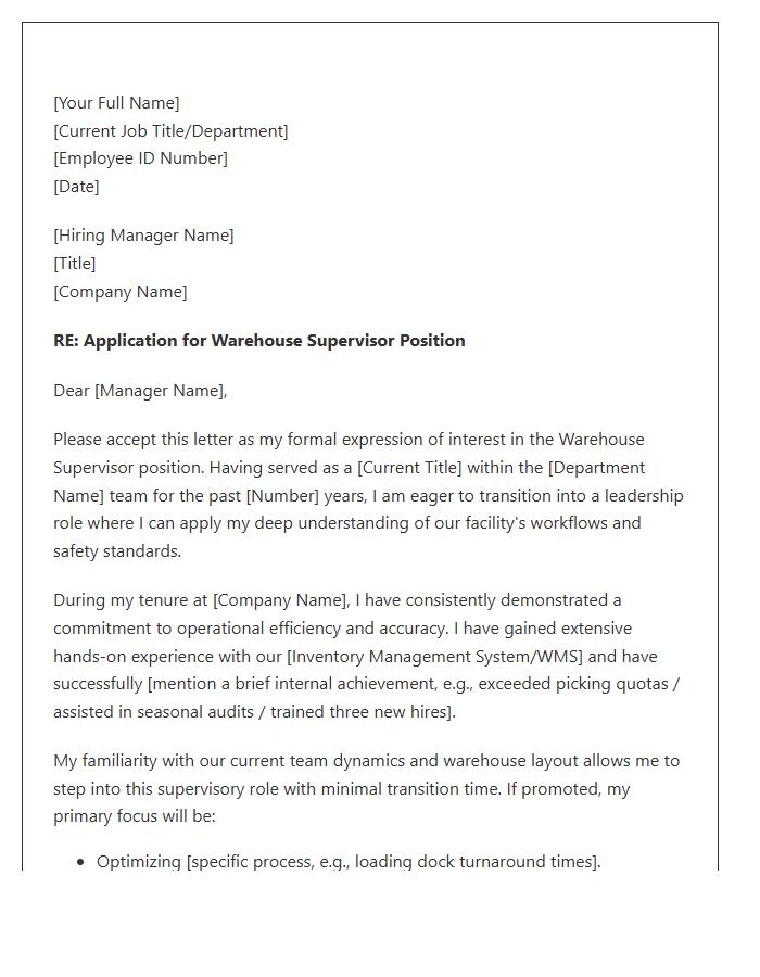 Warehouse Supervisor Role Internal Promotion Cover Letter Template