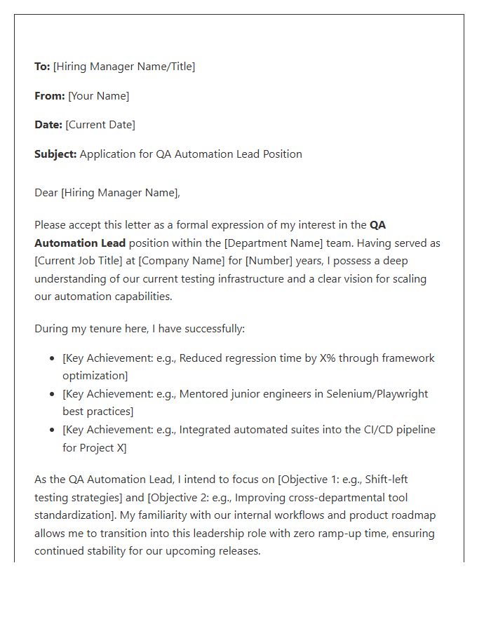 QA Automation Lead Internal Promotion Cover Letter Template