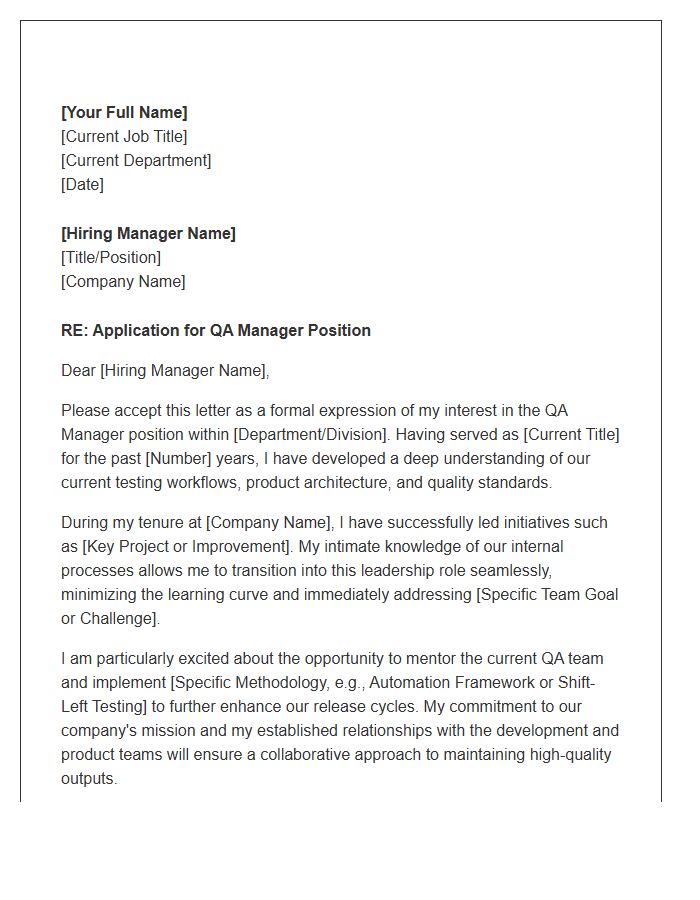 QA Manager Internal Promotion Application Cover Letter Template