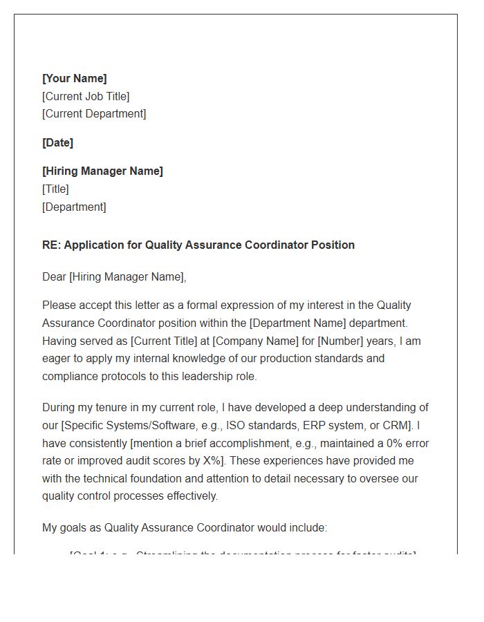Quality Assurance Coordinator Internal Promotion Cover Letter Template