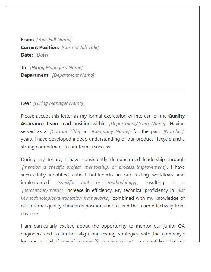 Quality Assurance Team Lead Internal Promotion Cover Letter Template