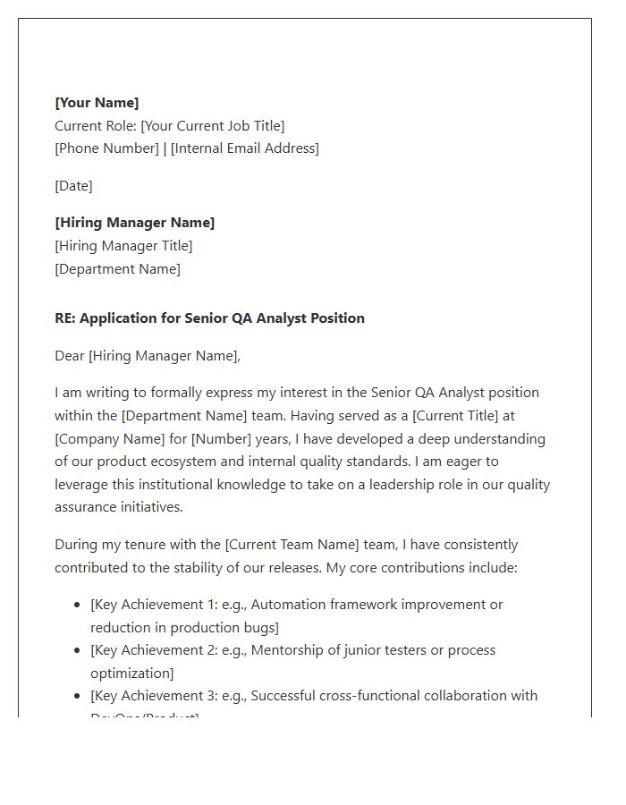 Senior QA Analyst Internal Advancement Cover Letter Template