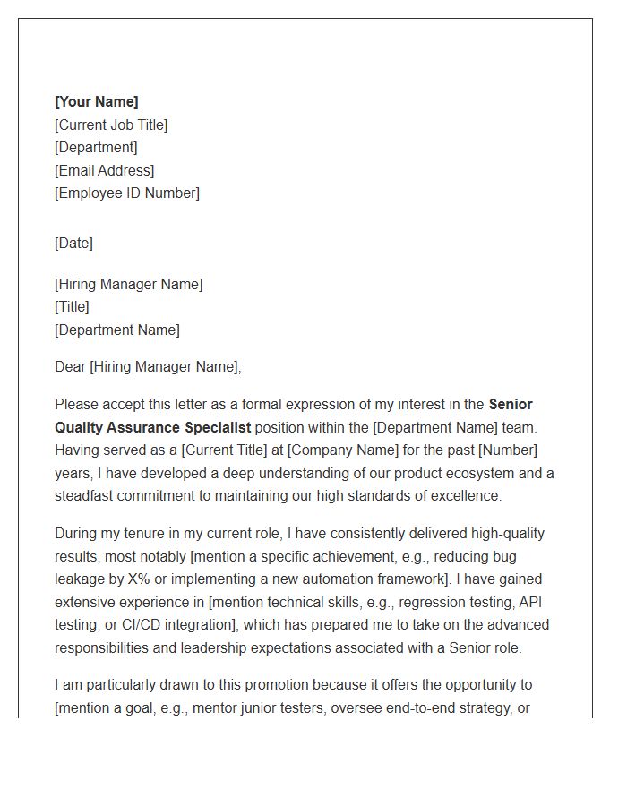 Senior Quality Assurance Specialist Internal Promotion Cover Letter Template