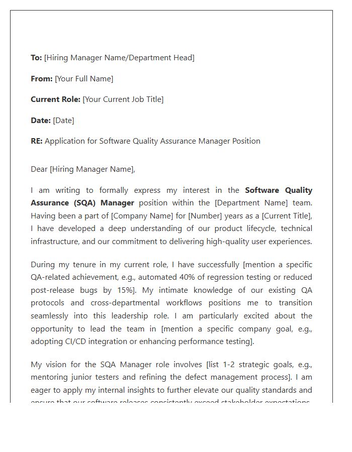 Software Quality Assurance Manager Internal Cover Letter Template
