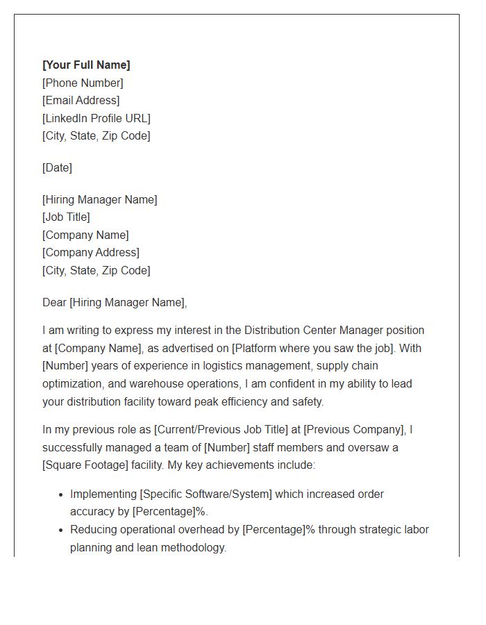 Distribution Center Manager Cover Letter Template