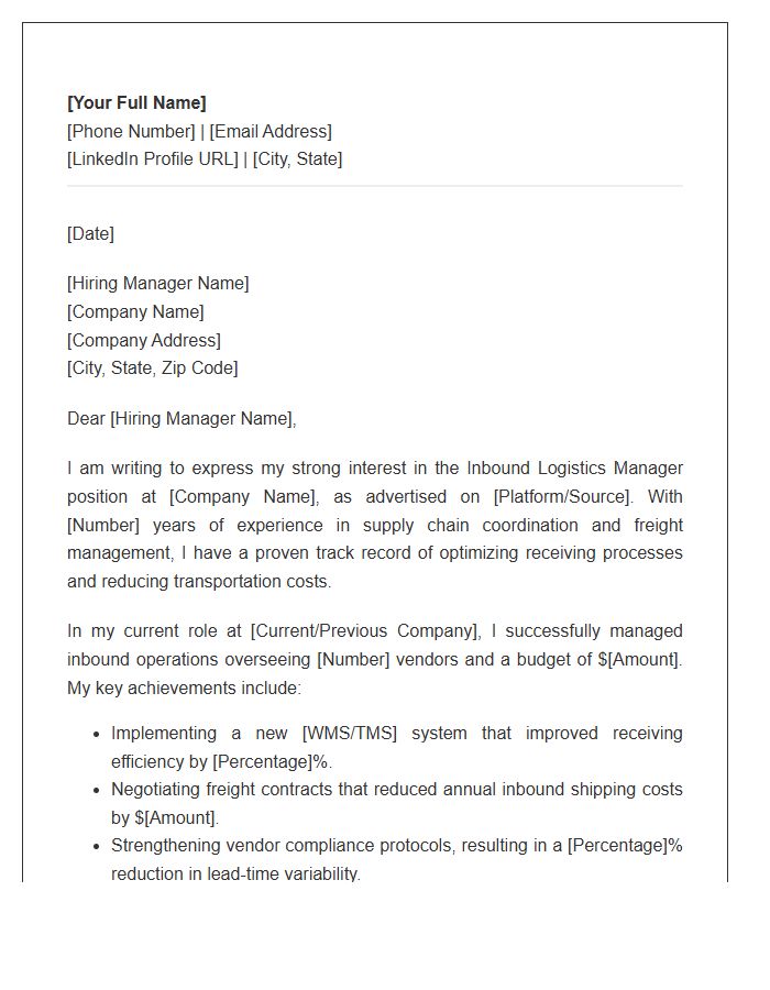 Inbound Logistics Manager Cover Letter Template