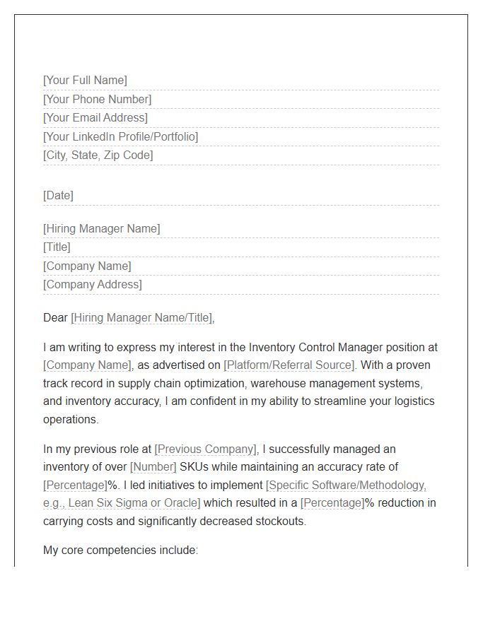 Inventory Control Manager Cover Letter Template