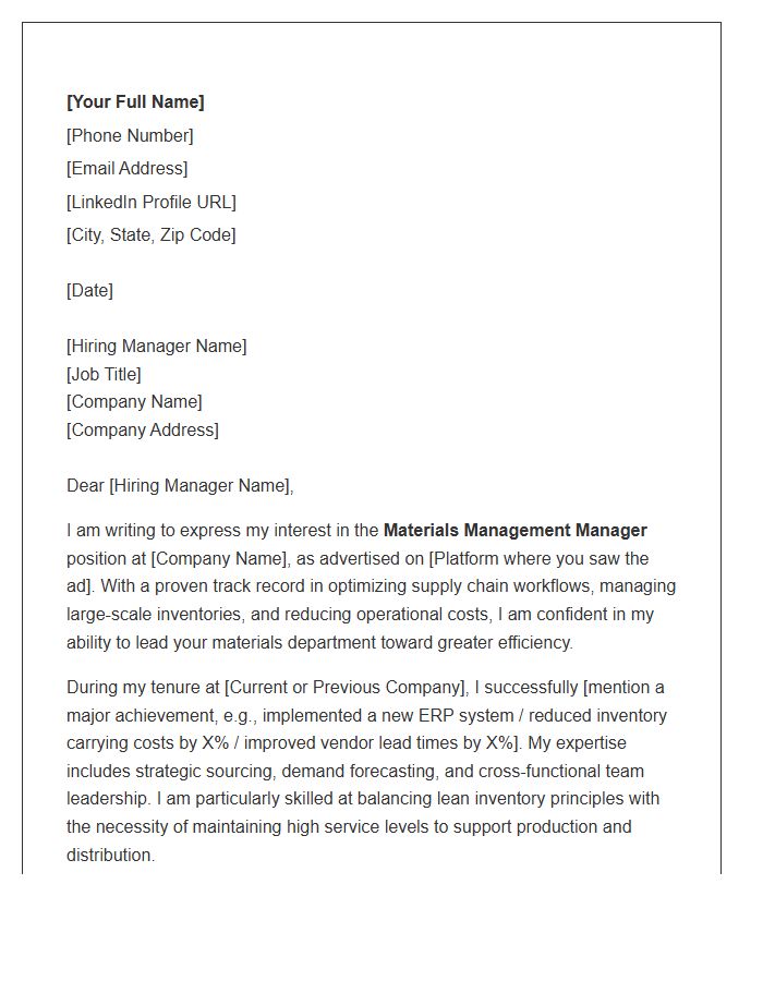 Materials Management Manager Cover Letter Template