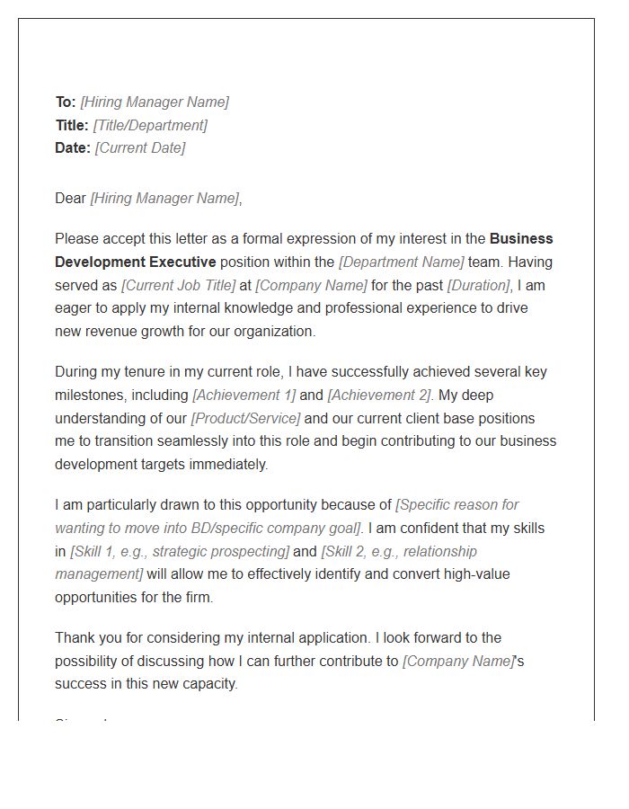 Business Development Executive Internal Application Cover Letter Template
