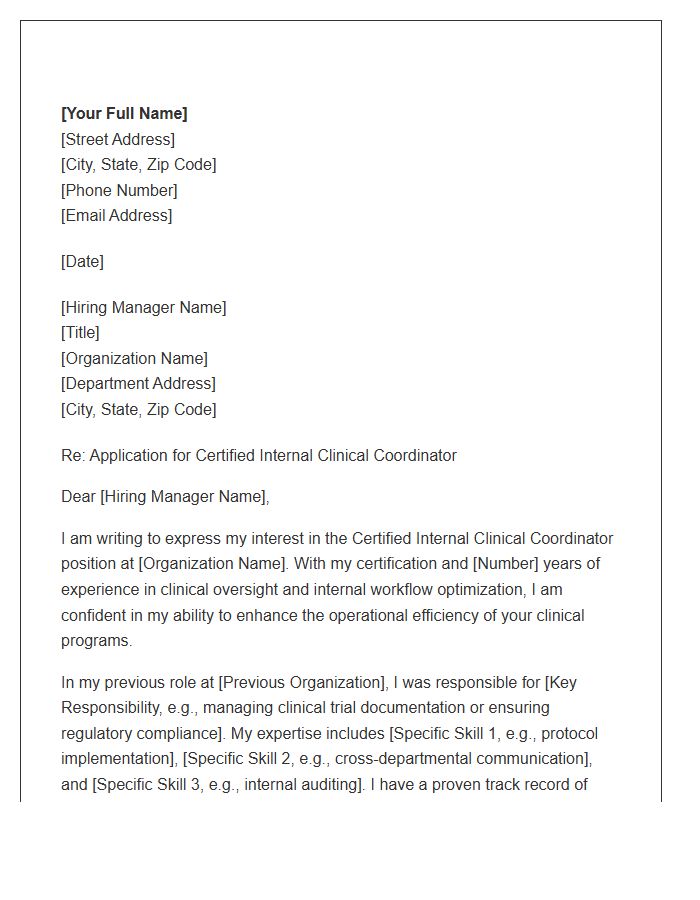 Certified Internal Clinical Coordinator Cover Letter Template