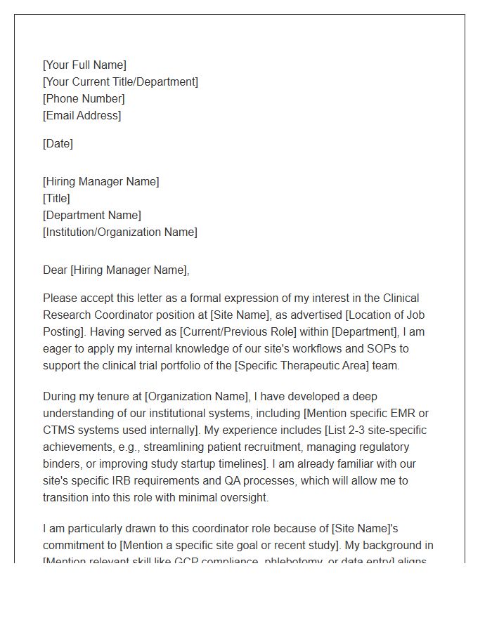 Clinical Research Site Internal Coordinator Cover Letter Template