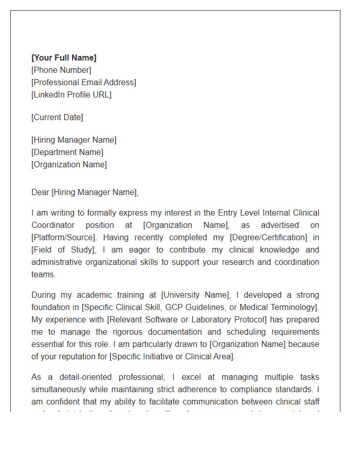 Entry Level Internal Clinical Coordinator Cover Letter Template