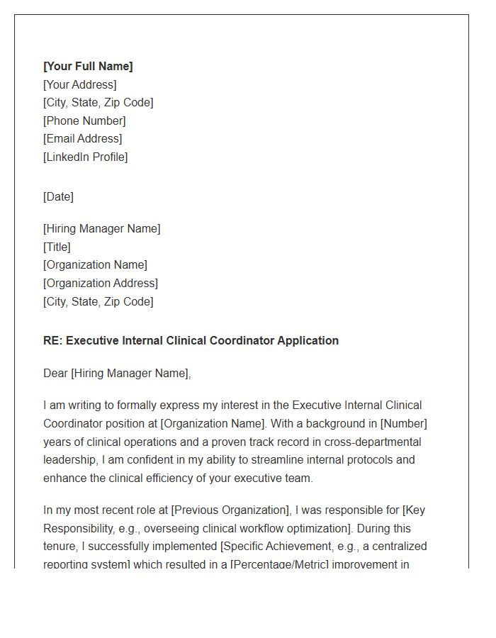 Executive Internal Clinical Coordinator Cover Letter Template