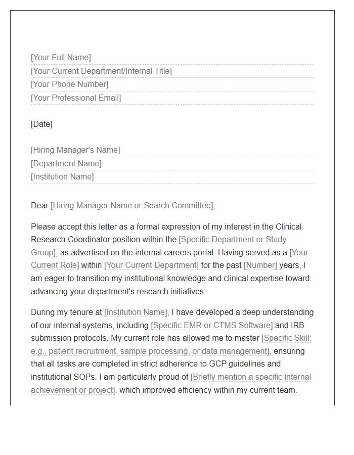 Internal Clinical Research Coordinator Cover Letter Template