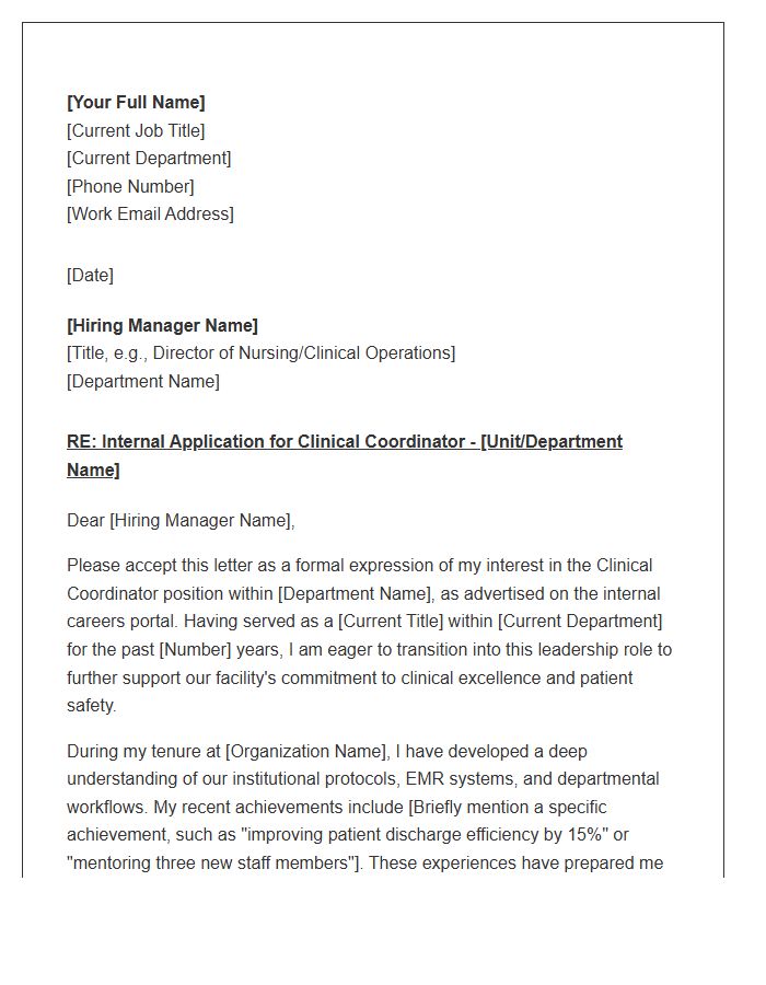 Internal Department Clinical Coordinator Cover Letter Template