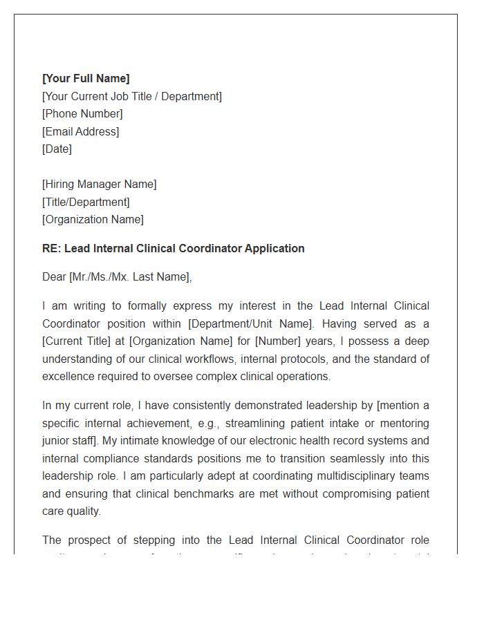 Lead Internal Clinical Coordinator Cover Letter Template