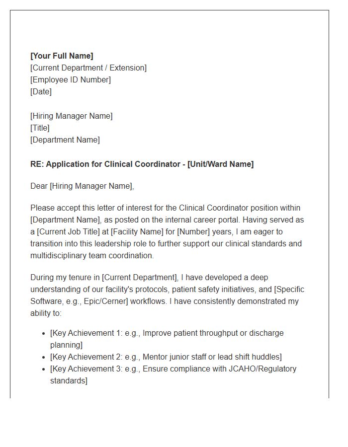 Medical Facility Internal Clinical Coordinator Cover Letter Template