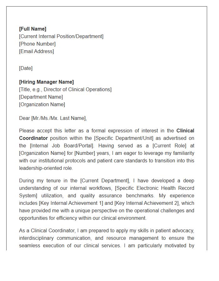 Professional Internal Clinical Coordinator Cover Letter Template