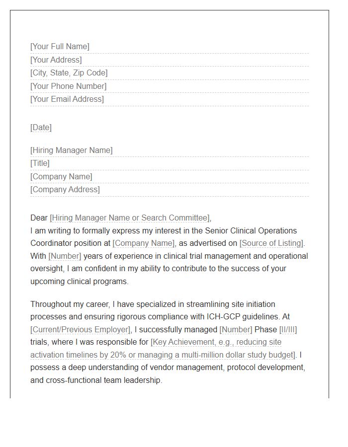 Senior Clinical Operations Coordinator Cover Letter Template