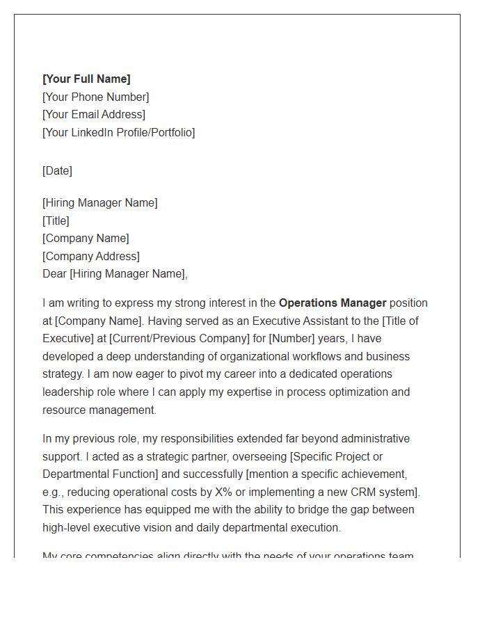 Executive Assistant Transition To Operations Manager Cover Letter Template