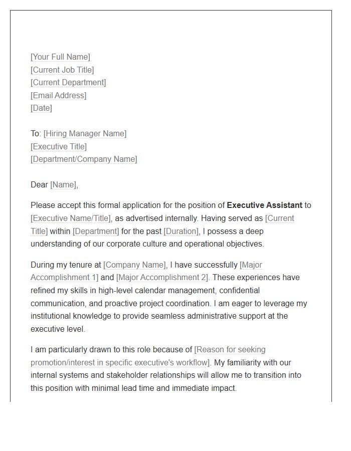 Internal Executive Assistant Promotion Application Cover Letter Template