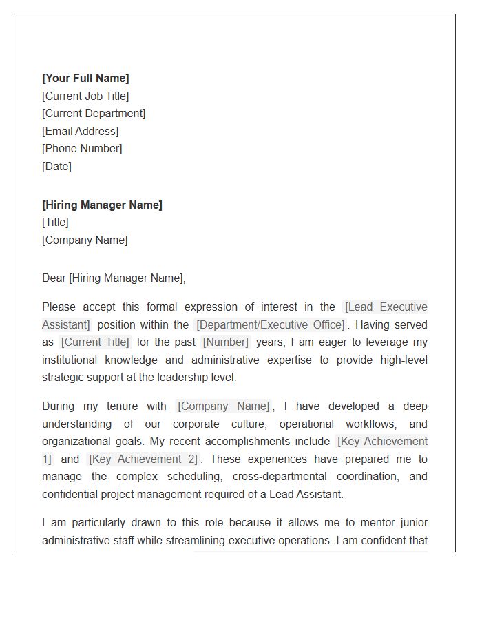 Lead Executive Assistant Internal Promotion Cover Letter Template