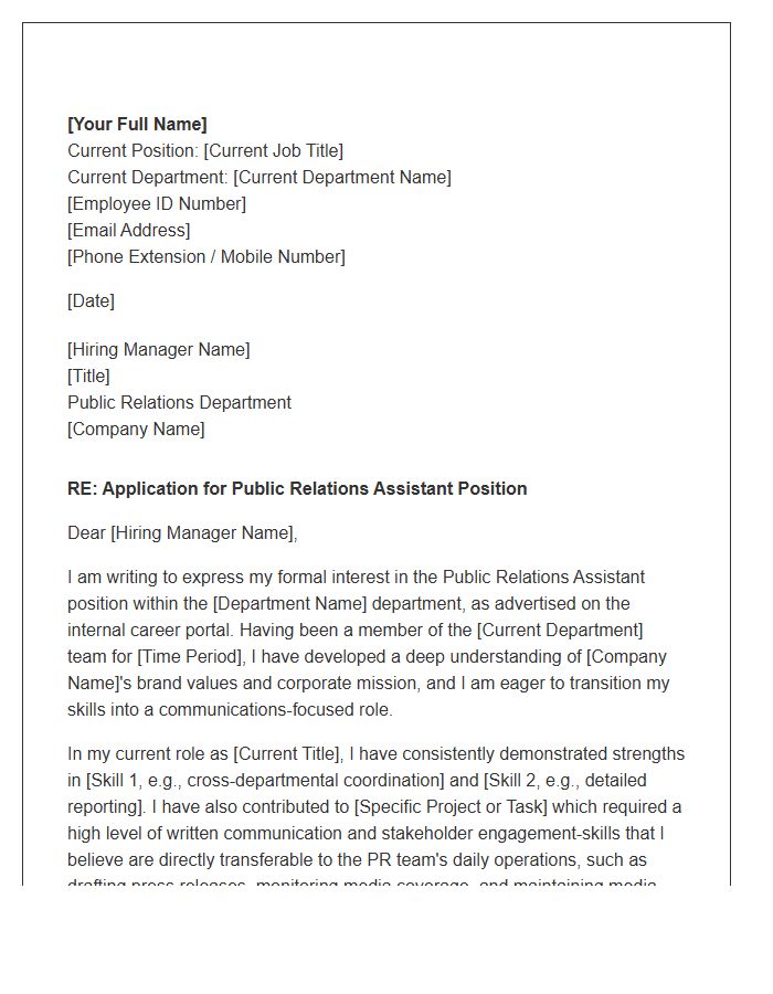 Public Relations Assistant Internal Role Transfer Cover Letter Template