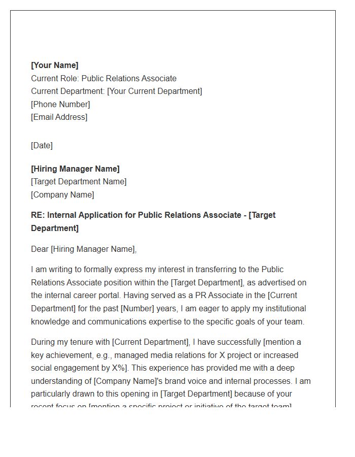 Public Relations Associate Internal Department Transfer Cover Letter Template